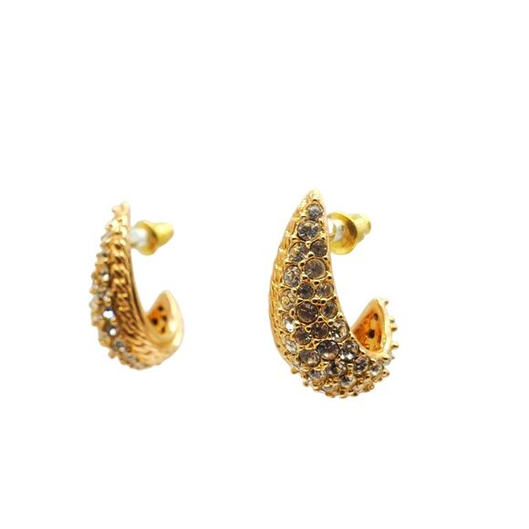 Krementz Crystal Half Hoop Earrings Pierced Post Pave Rhinestone Gold Tone - Picture 7 of 7